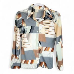 70s Vtg Dagger Collar Art Deco Long Sleeve Button Disco Shirt MED Beige Geometri